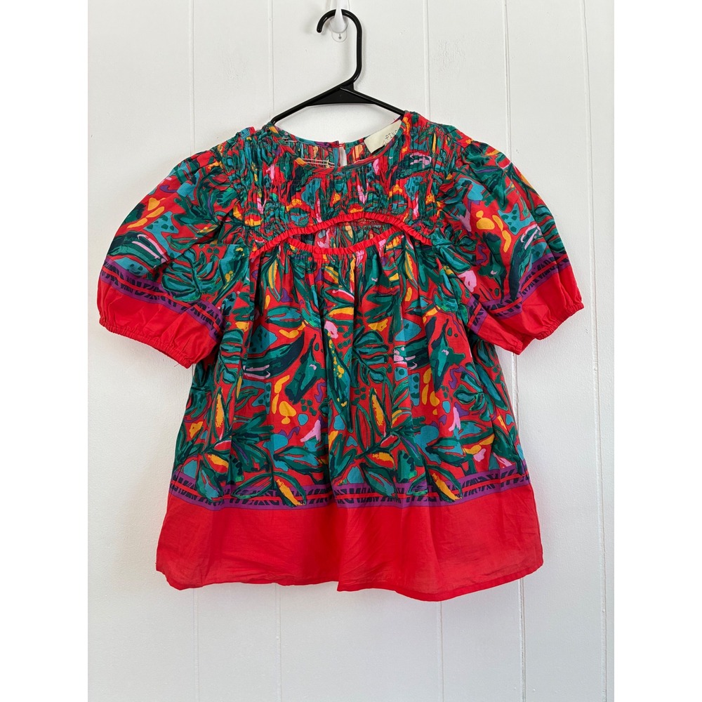 PINCH Tropical Floral Smocked‎ Top XS Puff Sleeve Cutout Red Green Boho